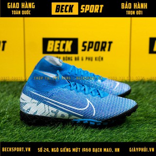 Giày Bóng Đá Mercurial 13 Superfly Elite Xanh Biển Vạch Trắng Cao Cổ V2 TF