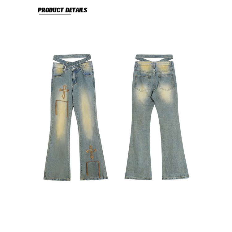 Quần Jeans Lưng Cao Ống Loe Thêu Họa Tiết Phong Cách Retro Cho Nữ
