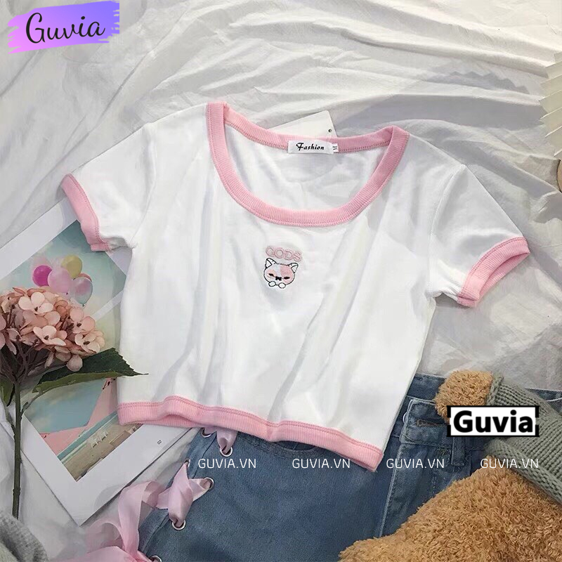 Áo Croptop Ôm Body Nữ GODS THÊU CÚN Cổ U Tay Ngắn, Áo Thun Croptop Kiểu In Họa Tiết GUVIA CR94