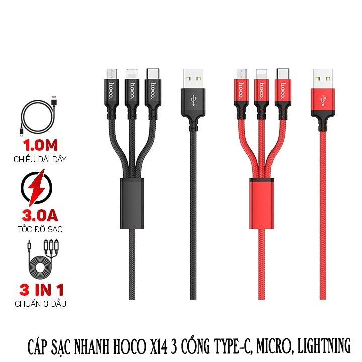 Cáp sạc 3 đầu Hoco X14 USB to Lightning + Micro + Type-C dài 1m, dây bện dù bền bỉ