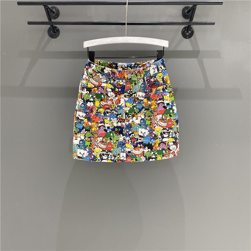 Jiashucheng Chân Váy Denim Chữ a Lưng Cao In Họa Tiết Hoạt Hình Thời Trang Mùa Hè Dễ Phối Đồ