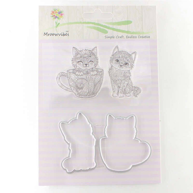 Aoto Khuôn Silicone Trong Suốt + Khuôn Cắt Kim Loại Hình Mèo Trang Trí Scrapbook