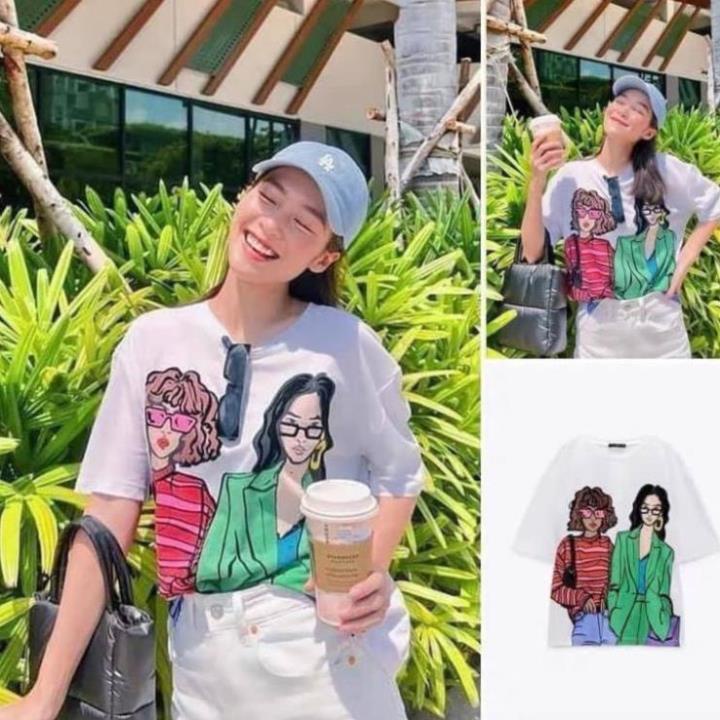 (Z270)Áo phông zara cho nữ siêu xinh áo cổ tròn ngắn tay họa tiết hình hai cô gái đeo kính cá tính trẻ trung vô cùng