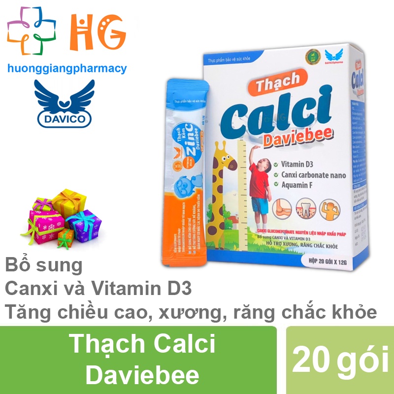 Thạch Calci Daviebee bổ sung canxi và Vitamin D3 hỗ trợ xương răng chắc khỏe phát triển chiều cao ở trẻ nhỏ Hộp 20 gói
