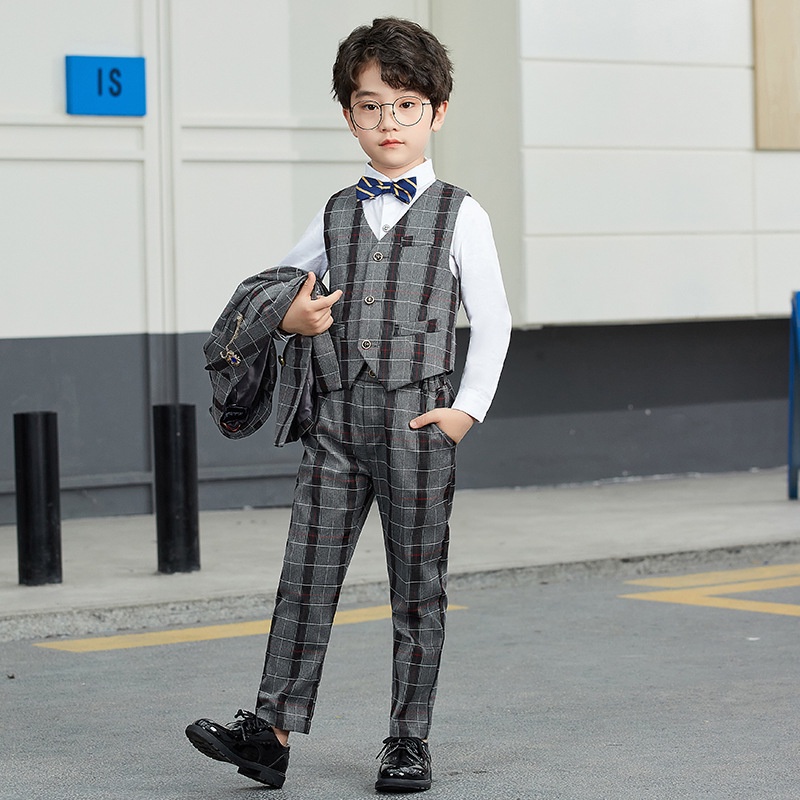 Bộ vest bé trai cao cấp kẻ xám cho bé đi dự tiệc TQB057 gồm 3 chi tiết (áo ghile + áo vest + quần tây) tặng kèm nơ