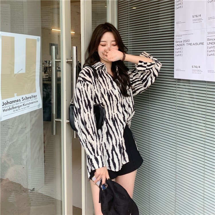 Áo Sơ Mi Nữ Tay Dài Họa Tiết Ngựa Vằn Phong Cách Hàn Quốc Mới