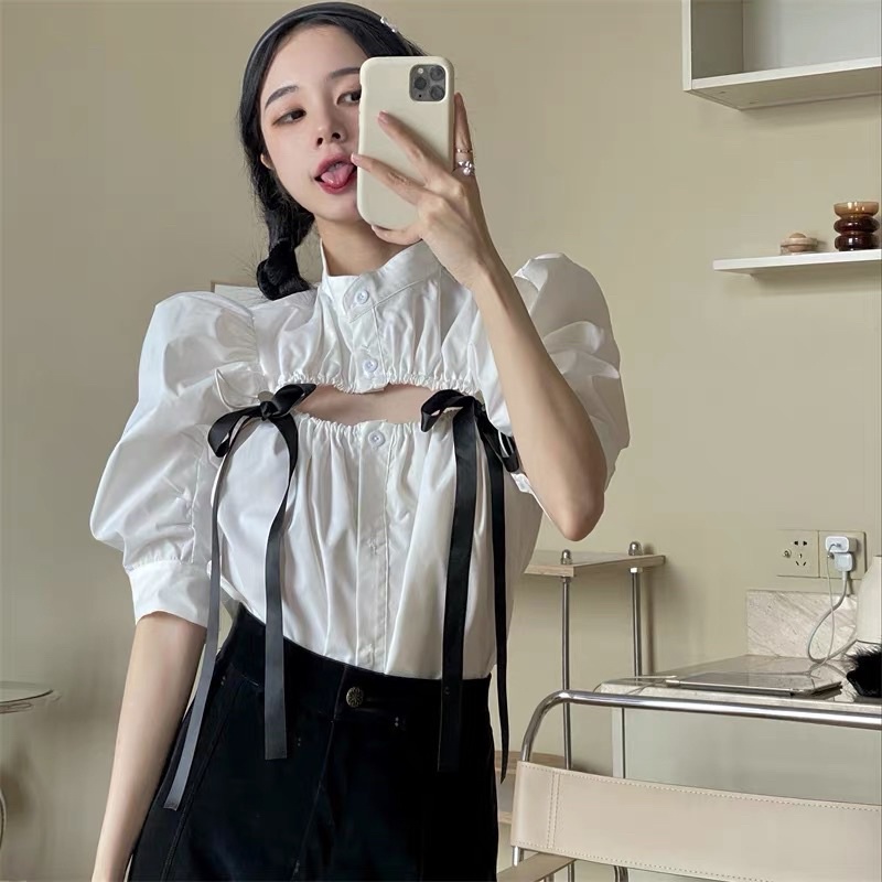 ( Hàng Có Sẵn ) Áo Sơ Mi trắng tay phồng thắt nơ xinh xắn thanh lịch. Hàng Quảng Châu Cao Cấp.