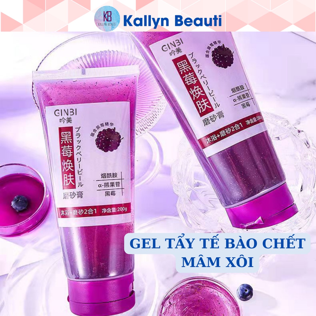 Gel tẩy tế bào chết toàn thân mâm xôi đen GinBi body dưỡng trắng da Kallyn Beauti