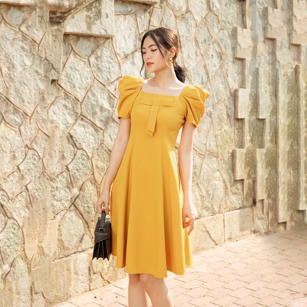 Đầm xòe nữ công sở cổ vuông tay phồng phối nơ thời trang Eden chất liệu váy co giãn nhẹ thoáng mát - D439