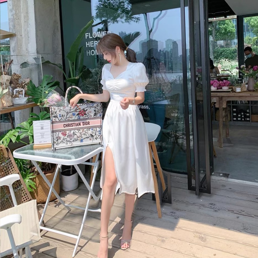 Đầm Lụa Tay nhúng Tiểu Thư Trắng cột eo, cổ tim, váy maxxi, sẻ đùi, đầm qua gối, đầm đẹp, giá rẻ, đầm xòe, tay lở, bo eo | BigBuy360 - bigbuy360.vn