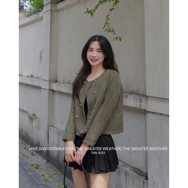 Áo Dạ Tweed 2 Hàng Cúc Dáng Ngắn Phong Cách Cổ Điển Thanh Lịch