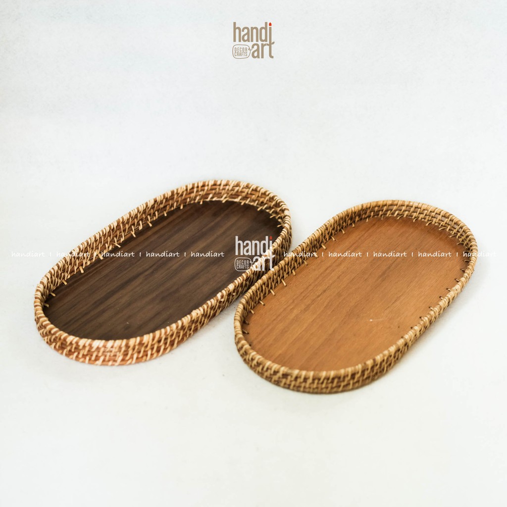 Khay mây oval  - Khay oval đế gỗ - Oval rattan tray