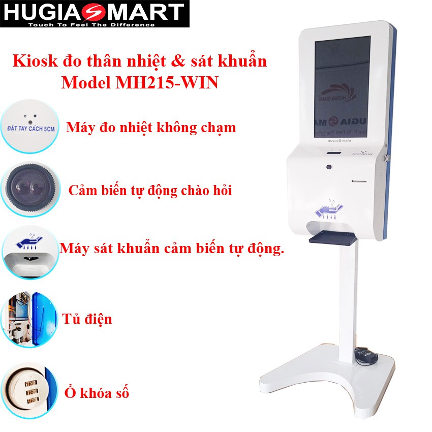 Máy sát khuẩn tự động ,máy đo thân nhiệt tích hợp màn hình quảng cáo ,tra cứu thông tin Hugiasmart Model MH215-WIN