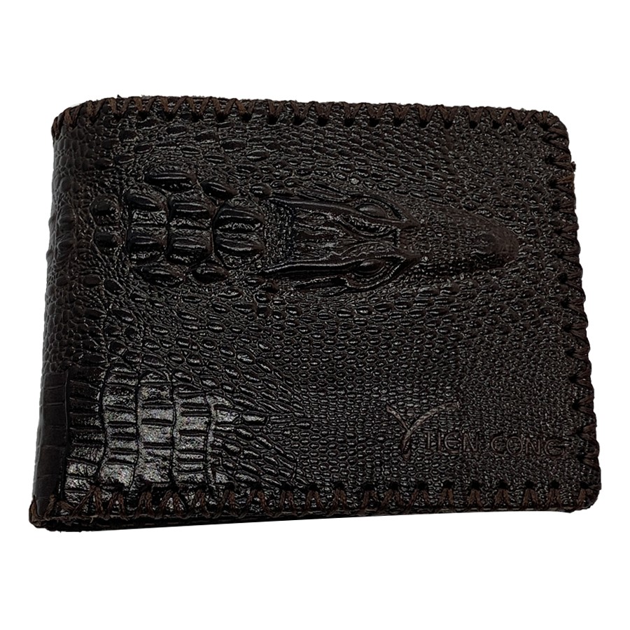 Ví Nam Ngang Da Bò Dập Vân Cá Sấu May Viền Tiến Công Màu Nâu Đất - TCN1042