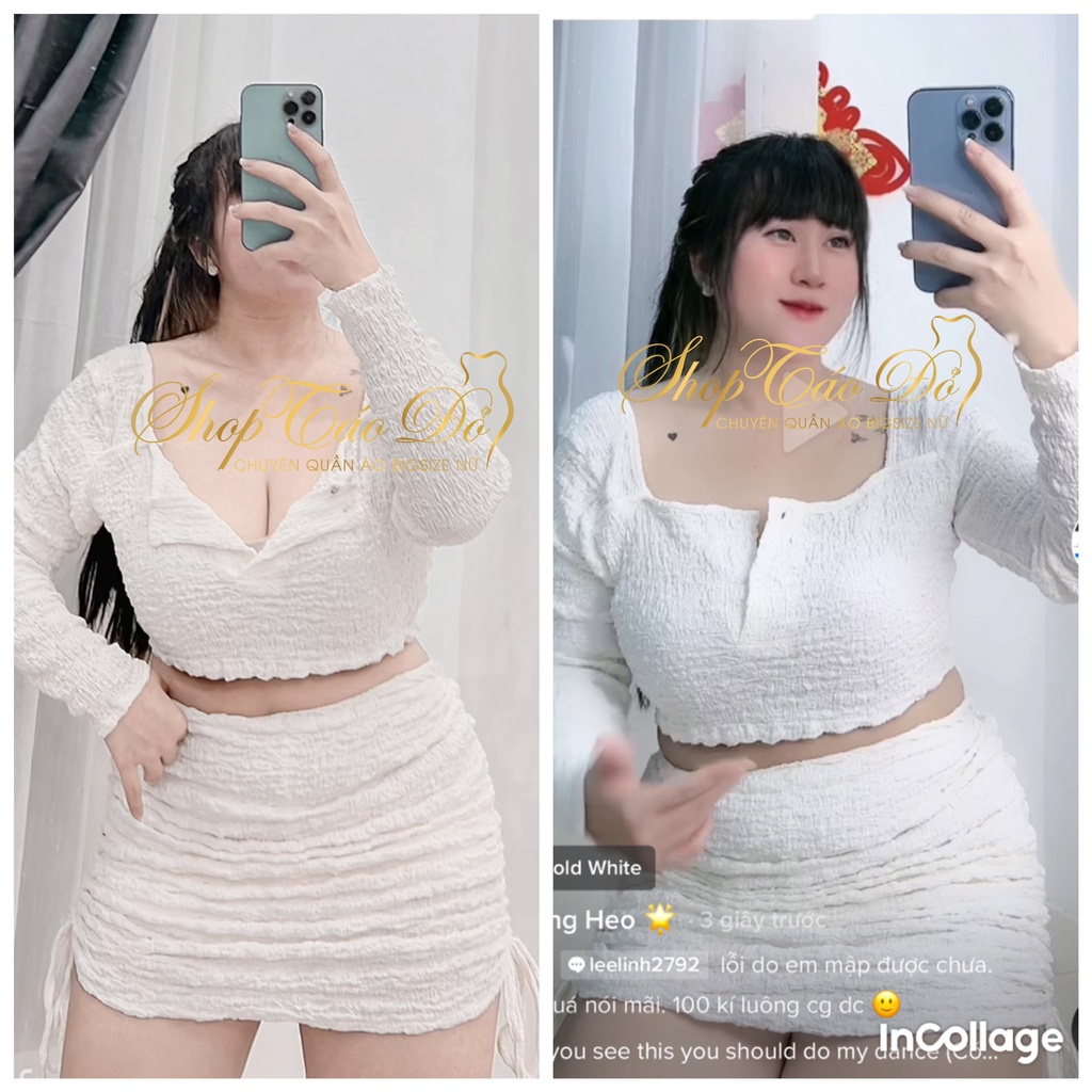 (TÁO ĐỎ BIGSIZE 55-90KG)Set Body Áo Croptop Tay Dài Cài Cúc + Chân Váy Đũi Xốp Rút Dây 2 Bên S41 (ảnh thật shop chụp) 🍎