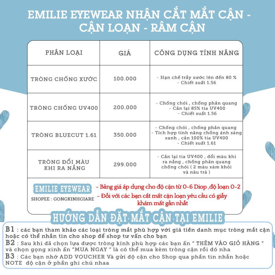 Tròng mắt chống lóa phản quang, chống uv400 BEVIS HÀN QUỐC cận 0-6 độ Kính mắt Emilie | BigBuy360 - bigbuy360.vn