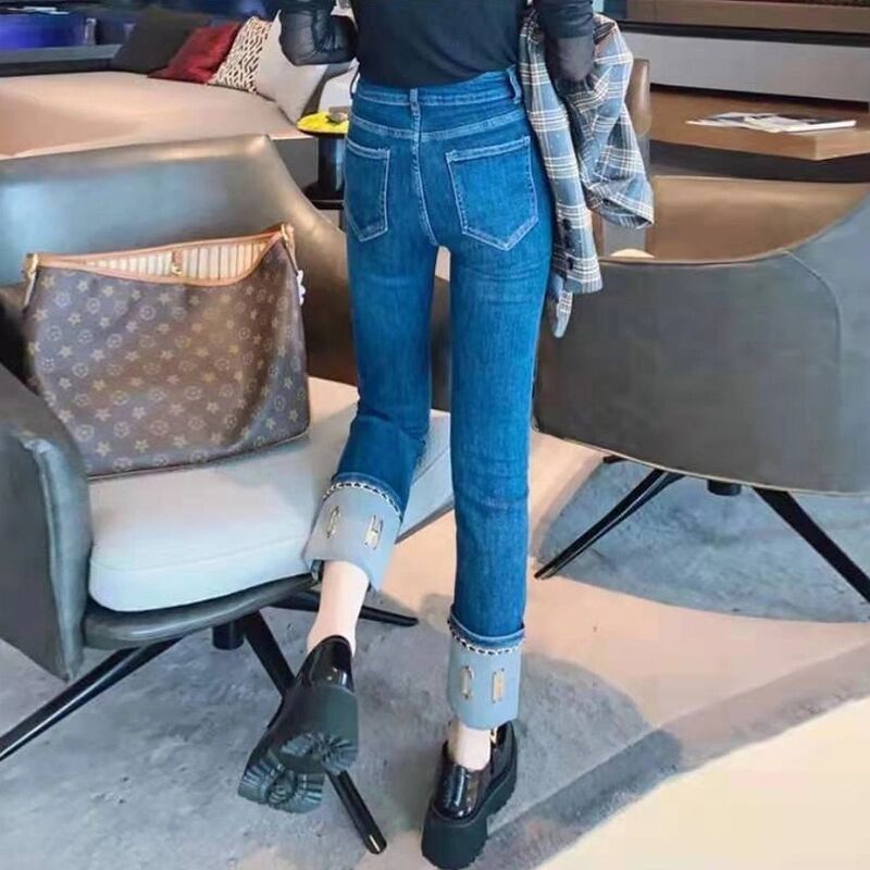 Quần Jean Lưng Cao Dáng Suông Thẳng Thiết Kế Hình Điếu Thuốc