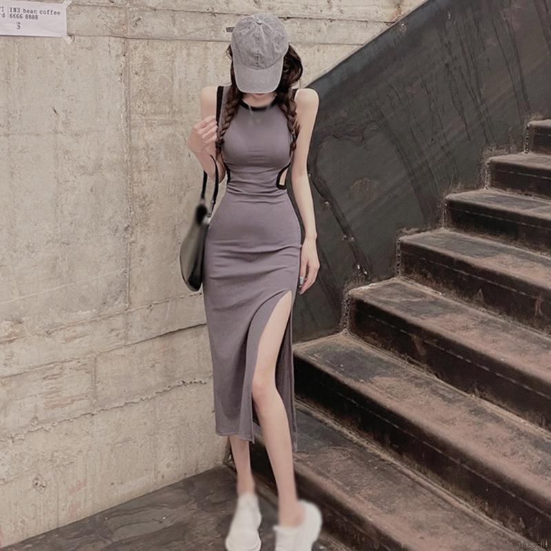 Đầm sát nách cổ tròn thiết kế xẻ tà thời trang quyến rũ cho nữ