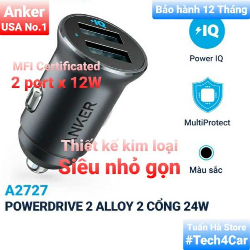 Tẩu sạc nhanh 2 cổng ô tô xe hơi 24W Anker A2727 A2310 cho cho Iphone 7 8 Plus S8 S9 S10 S20 Note 9 10 Tuấn Hà Store