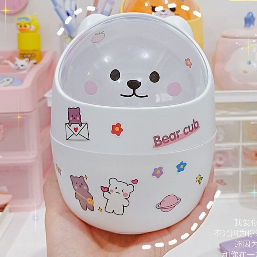 Thùng rác mini để bàn hình gấu nắp lăn cute (Tặng kèm sticker trang trí)