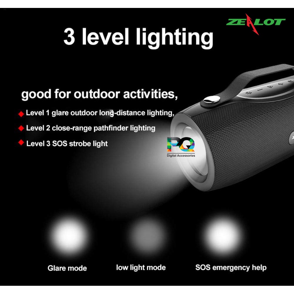 Loa Zealot S29 chính hãng. 2 loa đường kính 55mm. Đèn pin 3 chế độ. Pin 2000 mAh
