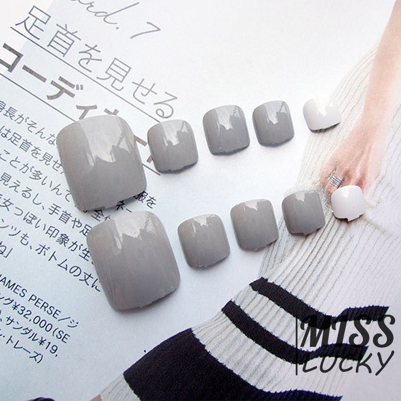 Set 24 Móng Chân Giả Màu Xám Đơn Giản