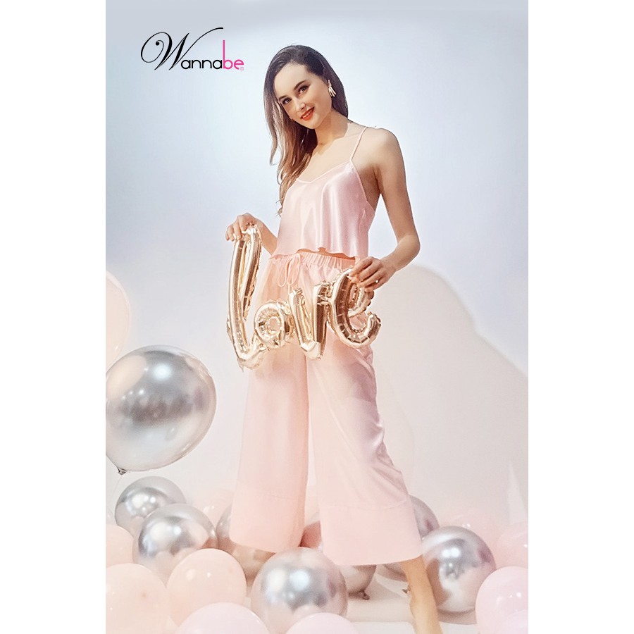 Đồ bộ mặc nhà phi lụa WANNABE BDS07 bộ dài áo croptop, quần dài ống suôn thắt nơ eo, áo ba lỗ lưng ren xinh đẹp