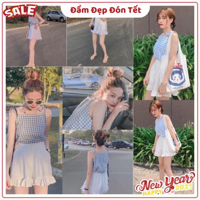 Set chân váy trắng hai lớp áo hai dây sọc caro dây áo tự cột tự điều chỉnh có dây khoá kéo ( kèm ảnh trải sàn ) | BigBuy360 - bigbuy360.vn
