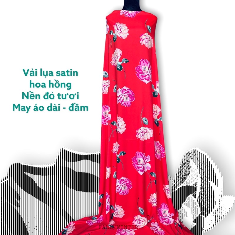 Vải satin lụa nền đỏ hoa hồng may áo dài đầm nữ