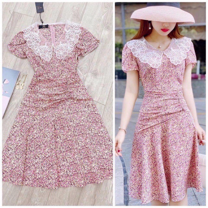Váy hoa nhí cổ ren nhún eo tiểu thư ulzzang