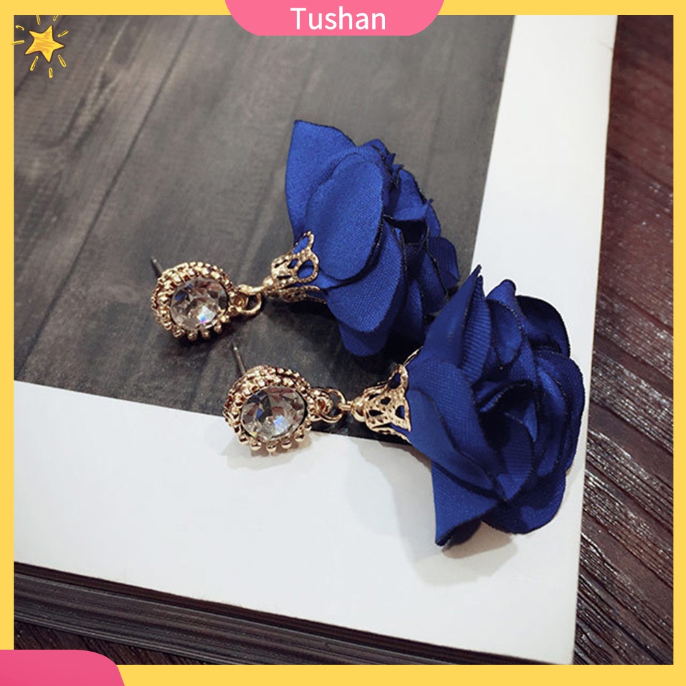 TUSH Fashion Women Rhinestone Inlay Flower Dangle Drop Ear Stud Earrings Jewelry Gift