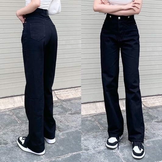 Quần Jean Nữ Ống Suông Lưng Siêu Cao Màu Đen Xanh Cạp Nút | BigBuy360 - bigbuy360.vn