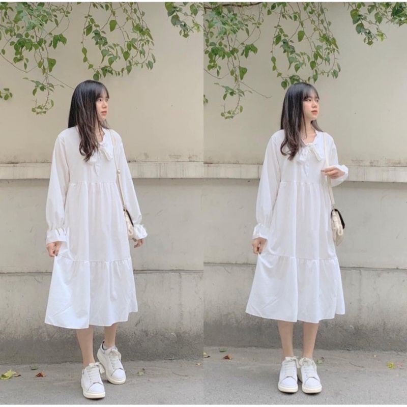 Đầm suông - váy suông nữ kiểu dáng babydoll tay bồng phối nơ ngực bánh bèo PANOSI - Mã V250