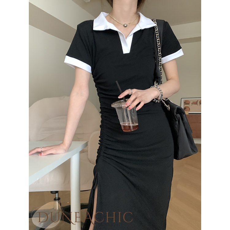 DUNEA Đầm Cổ Polo Rút Dây Xếp Ly Xẻ Tà Màu Tương Phản Quyến Rũ Cho Nữ