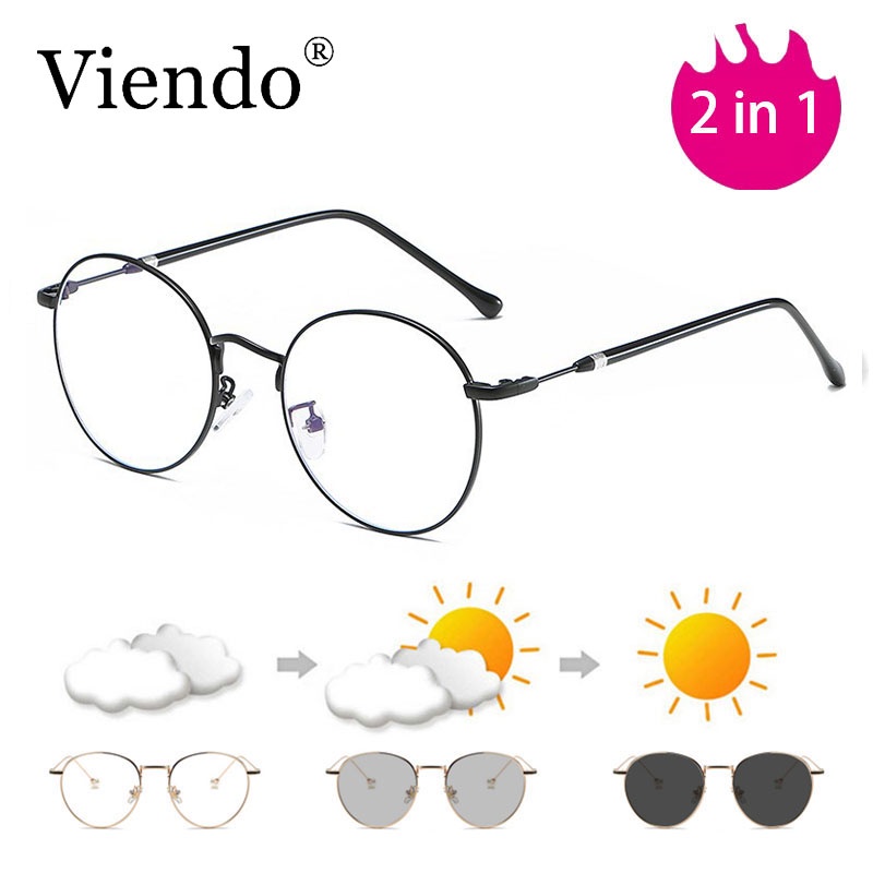 Kính cận VIENDO gọng kim loại tròn đổi màu chống ánh sáng xanh chống tia UV cao cấp thời trang cho nam và nữ