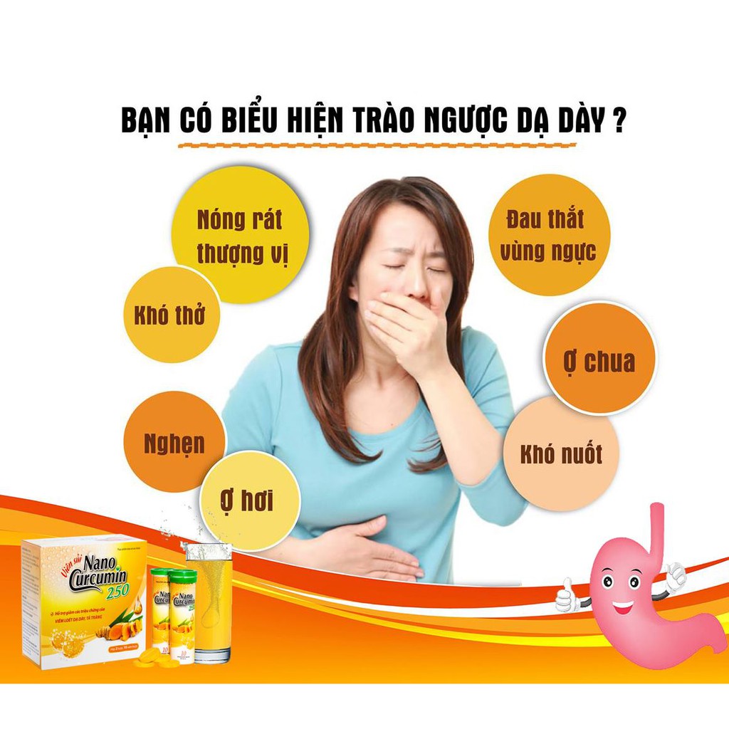 Viên Sủi Nano Curcumin 250 - Giảm các triệu chứng viêm loét dạ dày, tá tràng, trào ngược thực quản, đầy hơi chướng bụng