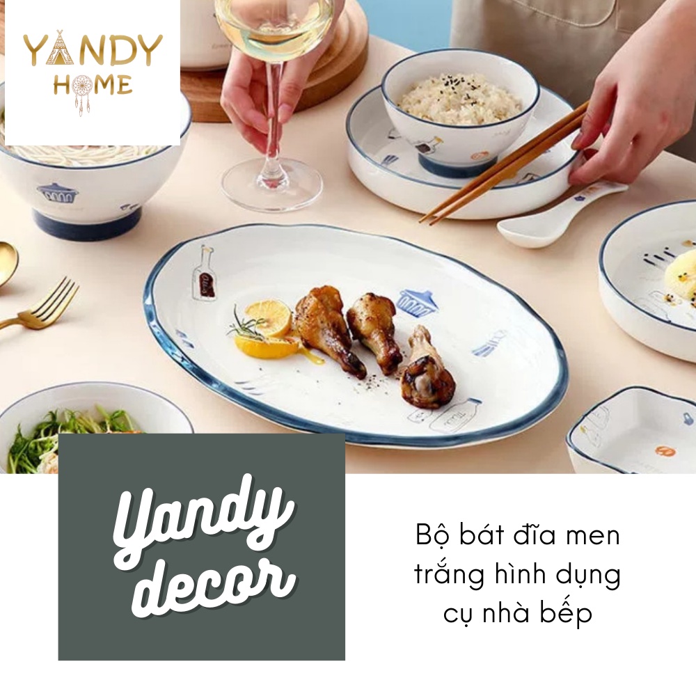 Bát đĩa gốm sứ YANDY HOME BB13 màu trắng họa tiết dụng cụ bếp men bóng đẹp dễ thương 15 chi tiết