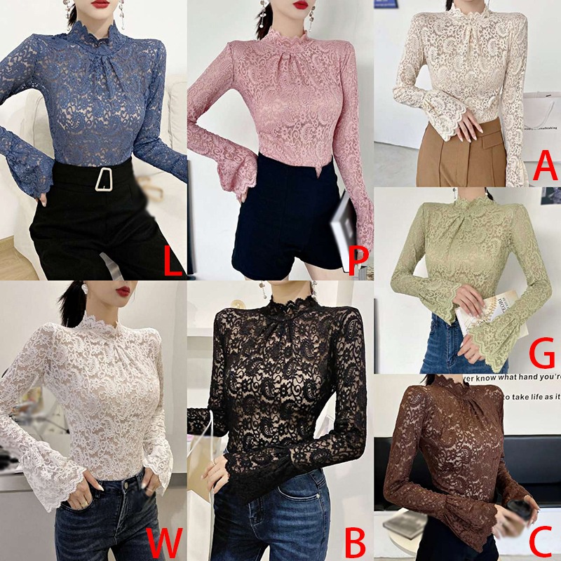 Áo thun cổ lọ tay loe phối ren dáng ôm thời trang mùa thu cho nữ