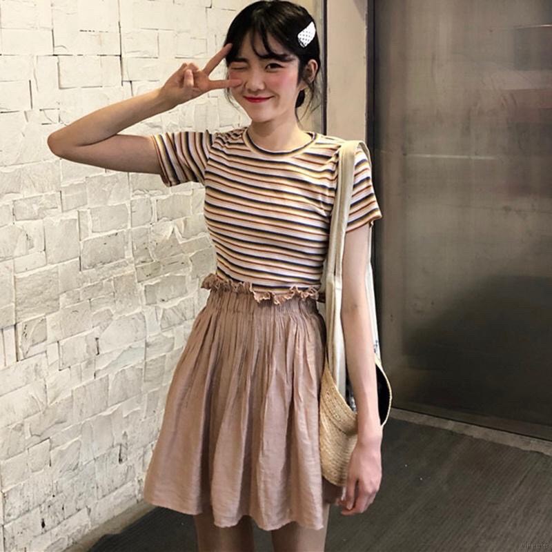 [Mã 11FASHIONSALE1 giảm 10K đơn 50K] Áo thun ngắn tay/ áo phông kẻ cổ tròn dáng ôm body nhiều màu freesize dễ mix đồ | BigBuy360 - bigbuy360.vn