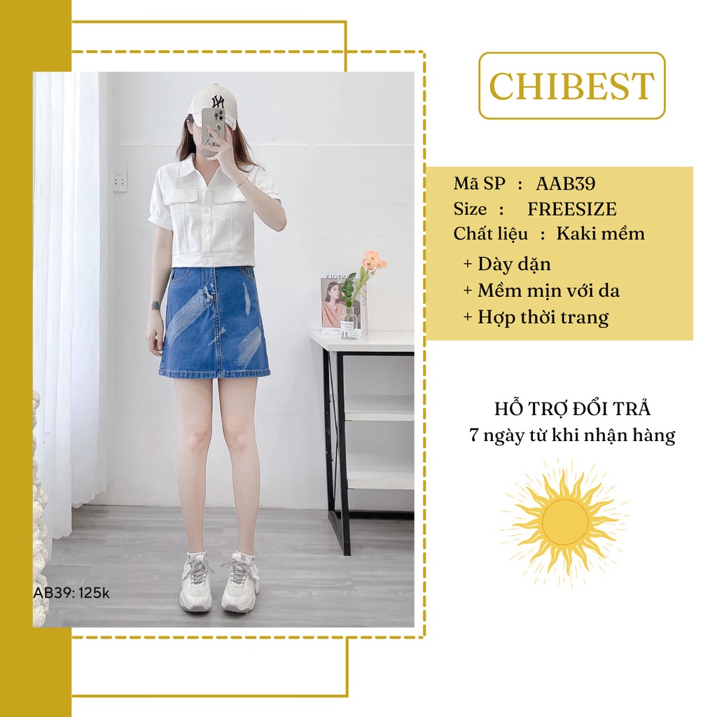 Áo kiểu nữ croptop kaki 2 túi chỉ nổi tay ngắn bo phồng Hàn Quốc ulzzang CHIBEST AAB39