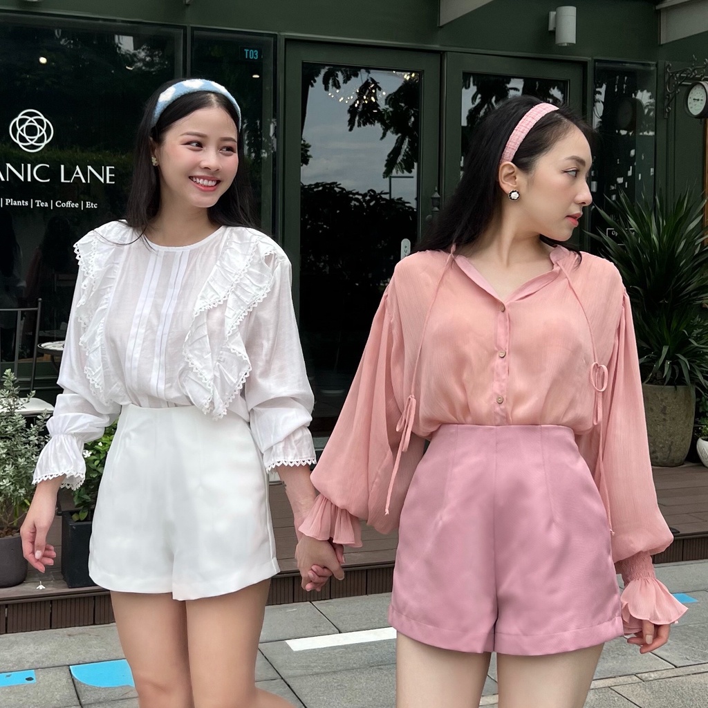 KIOBI – Áo sơ mi Aura form suông rộng dáng dài, cổ trụ tay phồng bo thun lai bèo,vải voan tơ mỏng hồng đào - KIA227139HD