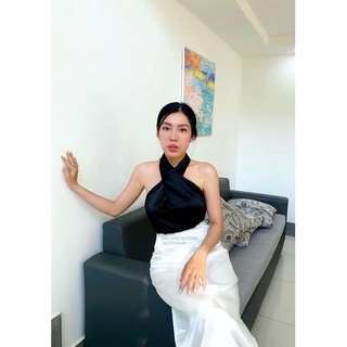 Áo Lụa Chéo Cổ Cao Cấp Trắng - Đen