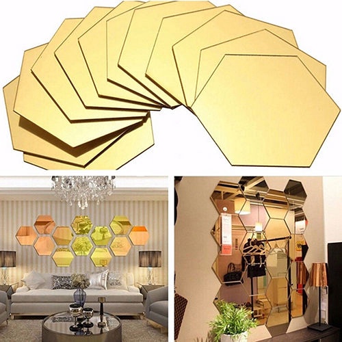 Đề Can Dán Tường Bằng Nhựa Acrylic Tráng Gương Hình Lục Giác Màu Vàng / Bạc Trang Trí Phòng Khách / Phòng Ngủ