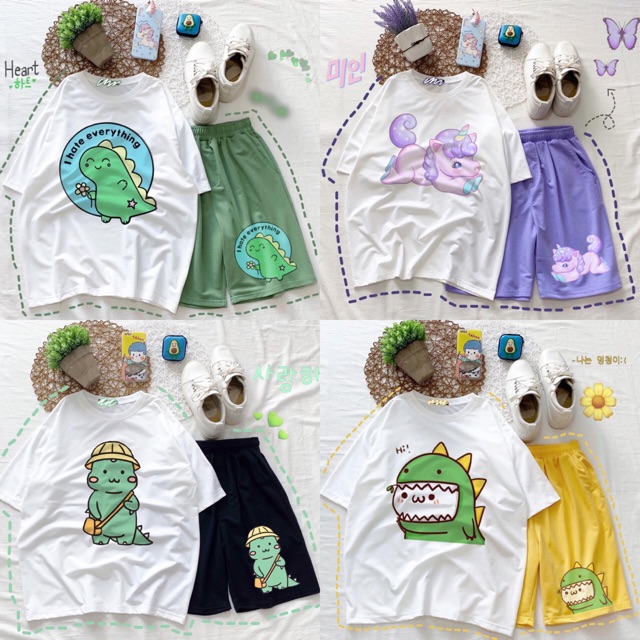 [17 Mẫu]Set Hoạt Hình Dễ Thương/Áo Thun Tay Lở+Short In Ảnh Thật