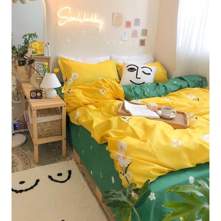 Bộ chăn ga gối cotton poly - Mẫu hoa cúc ga xanh.