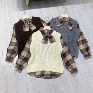 Set áo kẻ cổ nơ + áo gile len