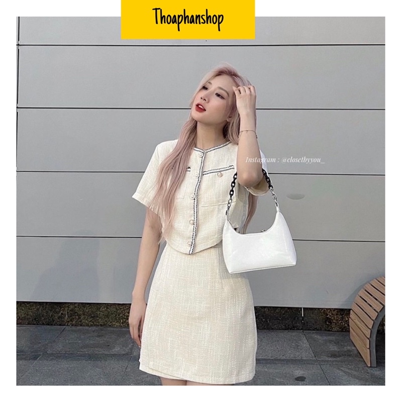 SET DẠ VIỀN ÁO CROPTOP + CHÂN VÁY TRẮNG [kèm ảnh thật ]
