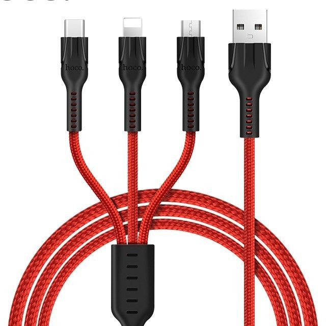 Cáp Sạc Hoco U31 3 Đầu Lightning + Micro USB + Type C- Siêu Bền 1,2 M - Bảo Hành Toàn Quốc