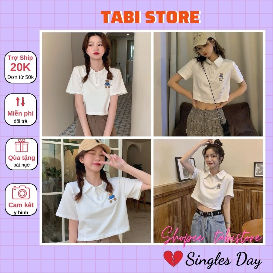 Áo croptop cộc tay dưới 55kg tabistore - PoLo Thêu gấu