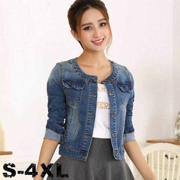 Áo Khoác Jean Denim Cổ Tròn 4 Lớp Size S-4Xl Thời Trang Cho Nữ